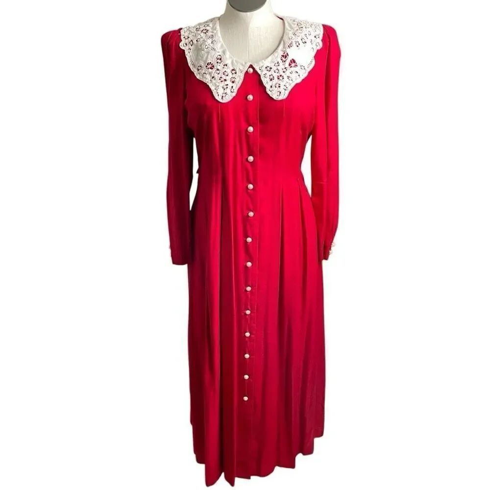 Vtg 80s/90s Womens Red Lace Doily Collar Maxi Dress 8 Coquette Love Cottagecore